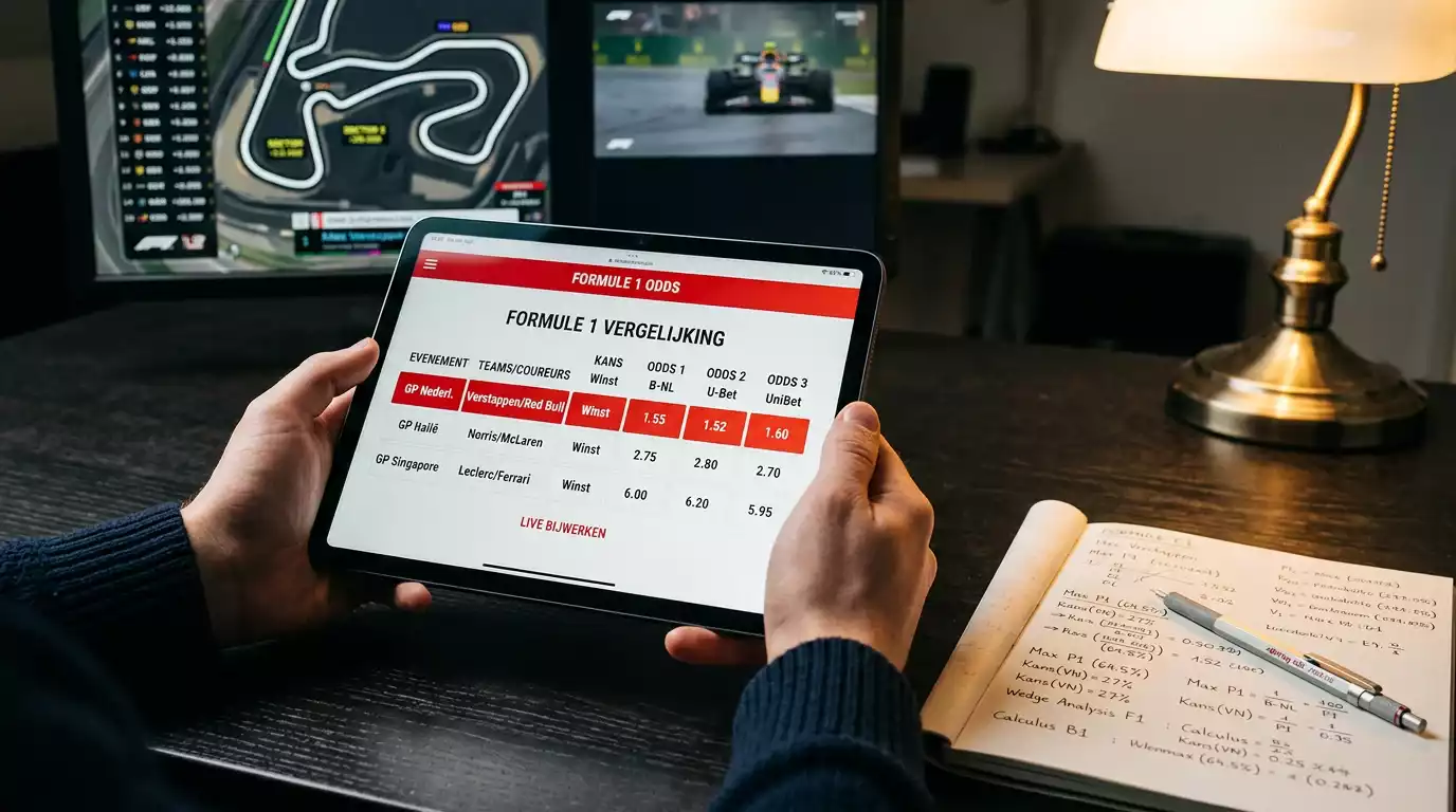 Analyse van Formule 1-quoteringen en decimale odds op een beeldscherm